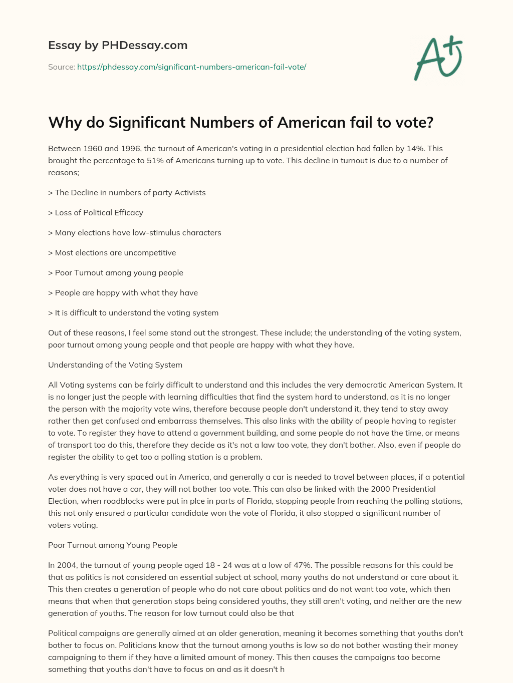 Why do Significant Numbers of American fail to vote? essay