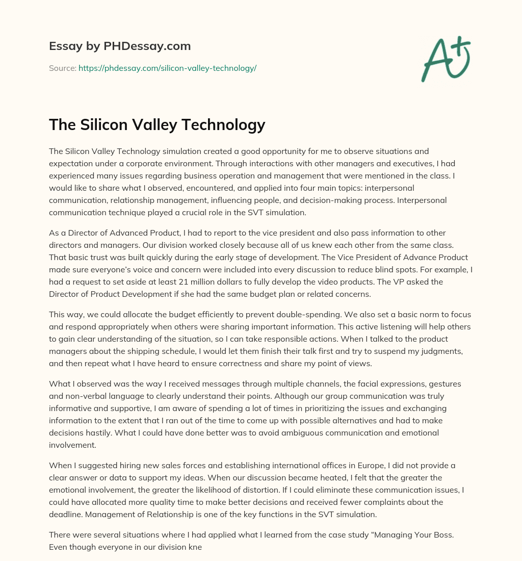 The Silicon Valley Technology essay