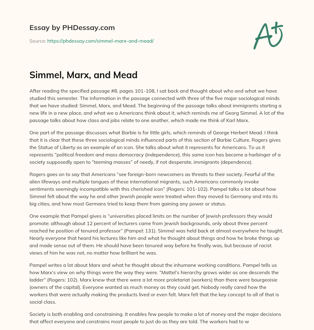 Simmel, Marx, and Mead essay