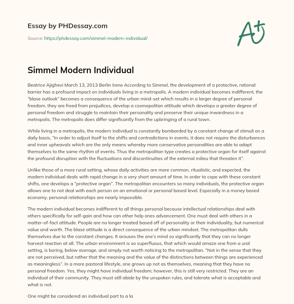 Simmel Modern Individual essay