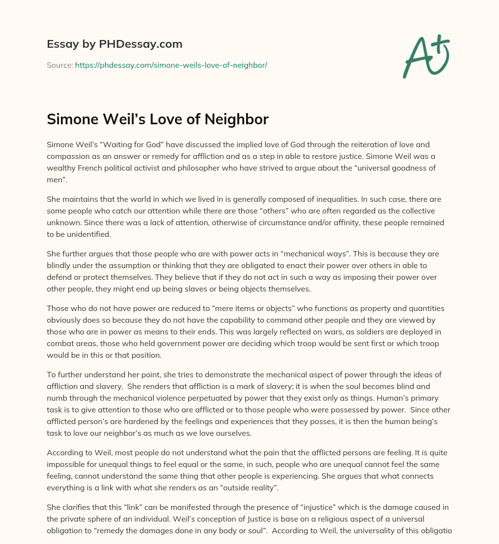Simone Weil’s Love of Neighbor essay