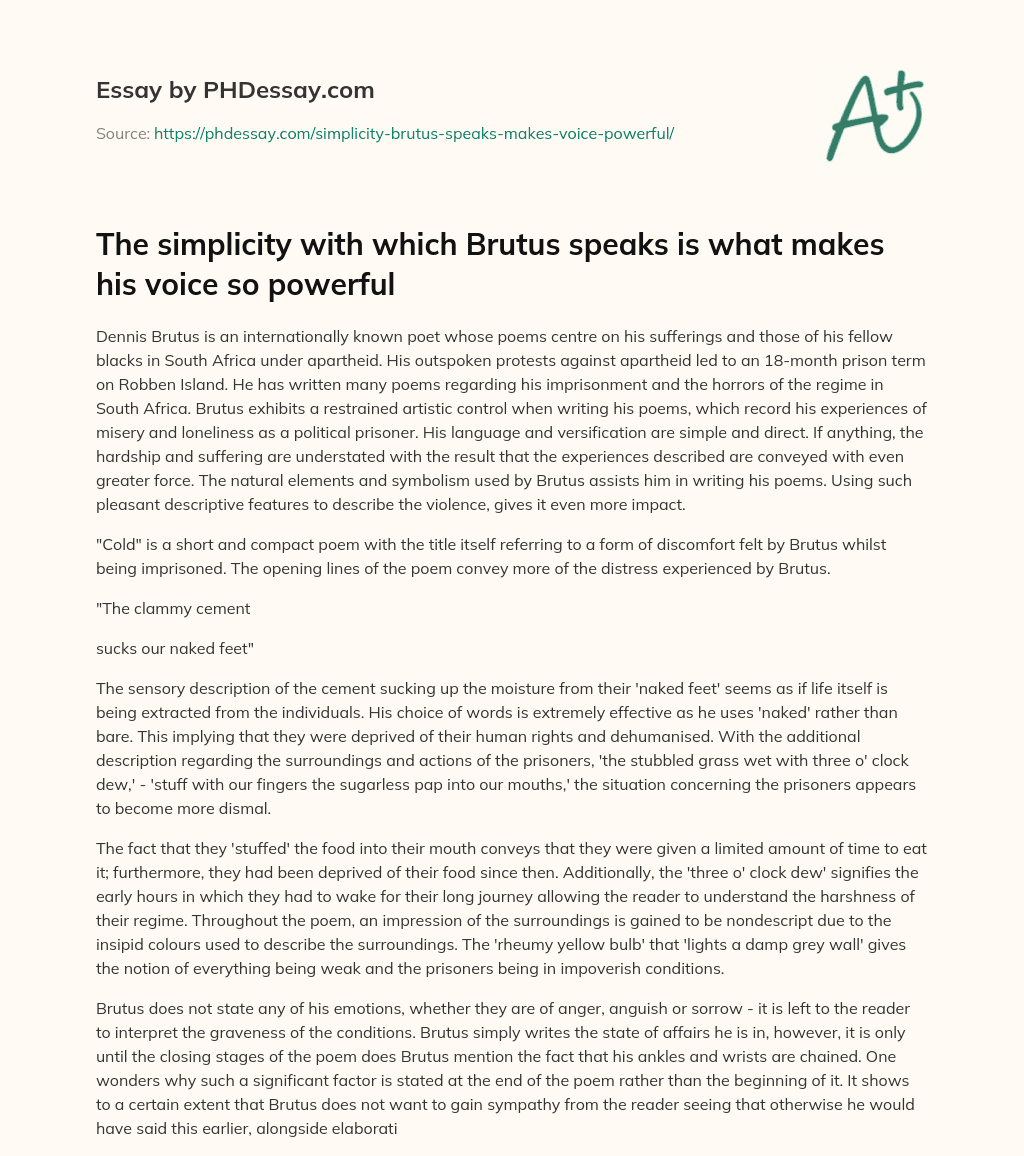 The simplicity with which Brutus speaks is what makes his voice so powerful essay
