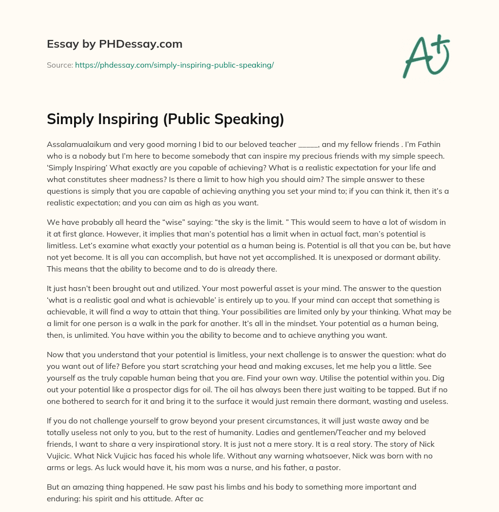 Simply Inspiring (Public Speaking) essay