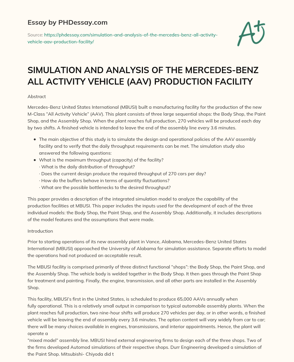 SIMULATION AND ANALYSIS OF THE MERCEDES-BENZ ALL ACTIVITY VEHICLE (AAV) PRODUCTION FACILITY essay
