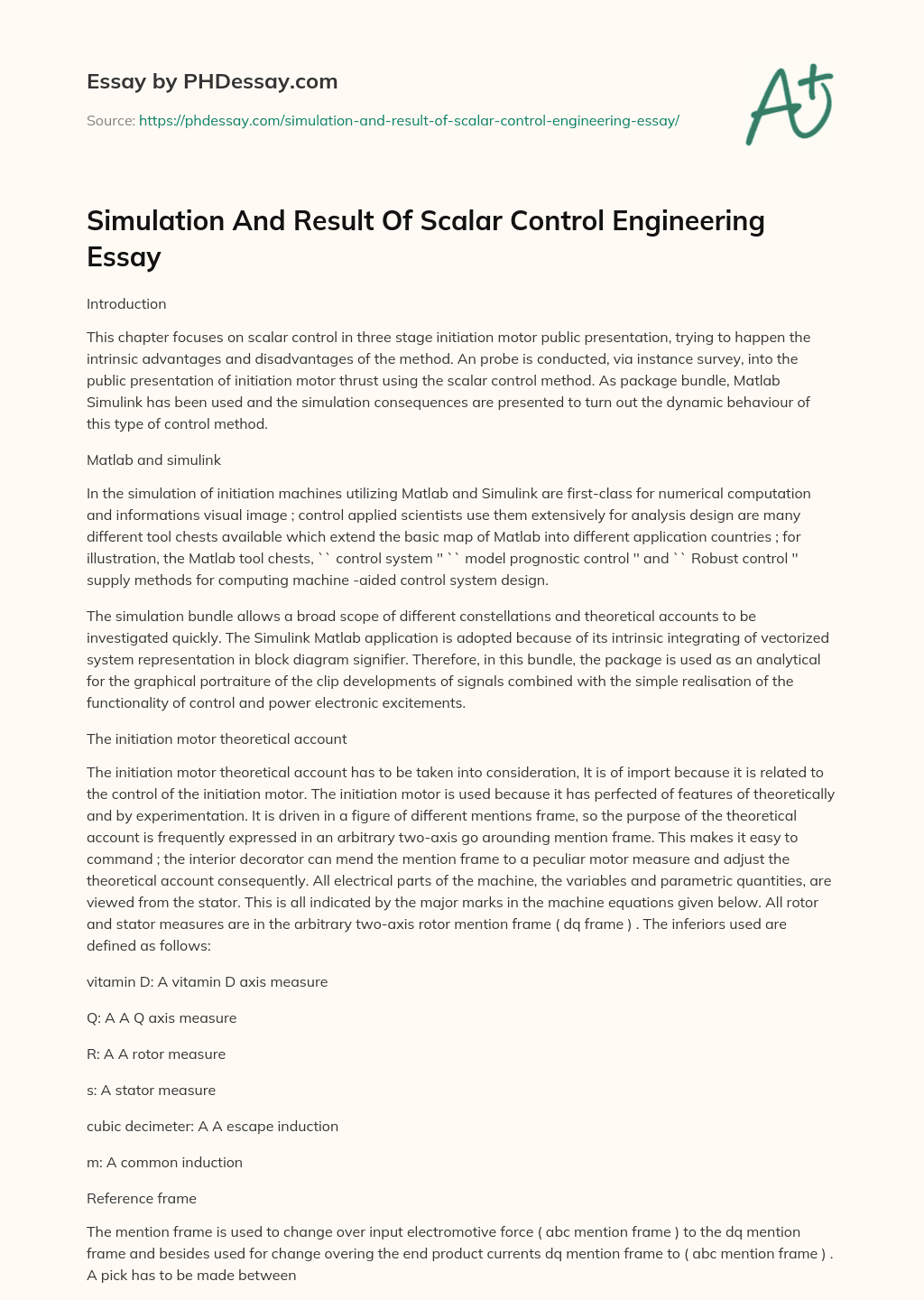 Simulation And Result Of Scalar Control Engineering Essay essay