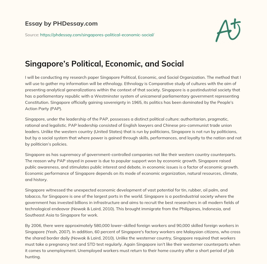 Singapore’s Political, Economic, and Social essay