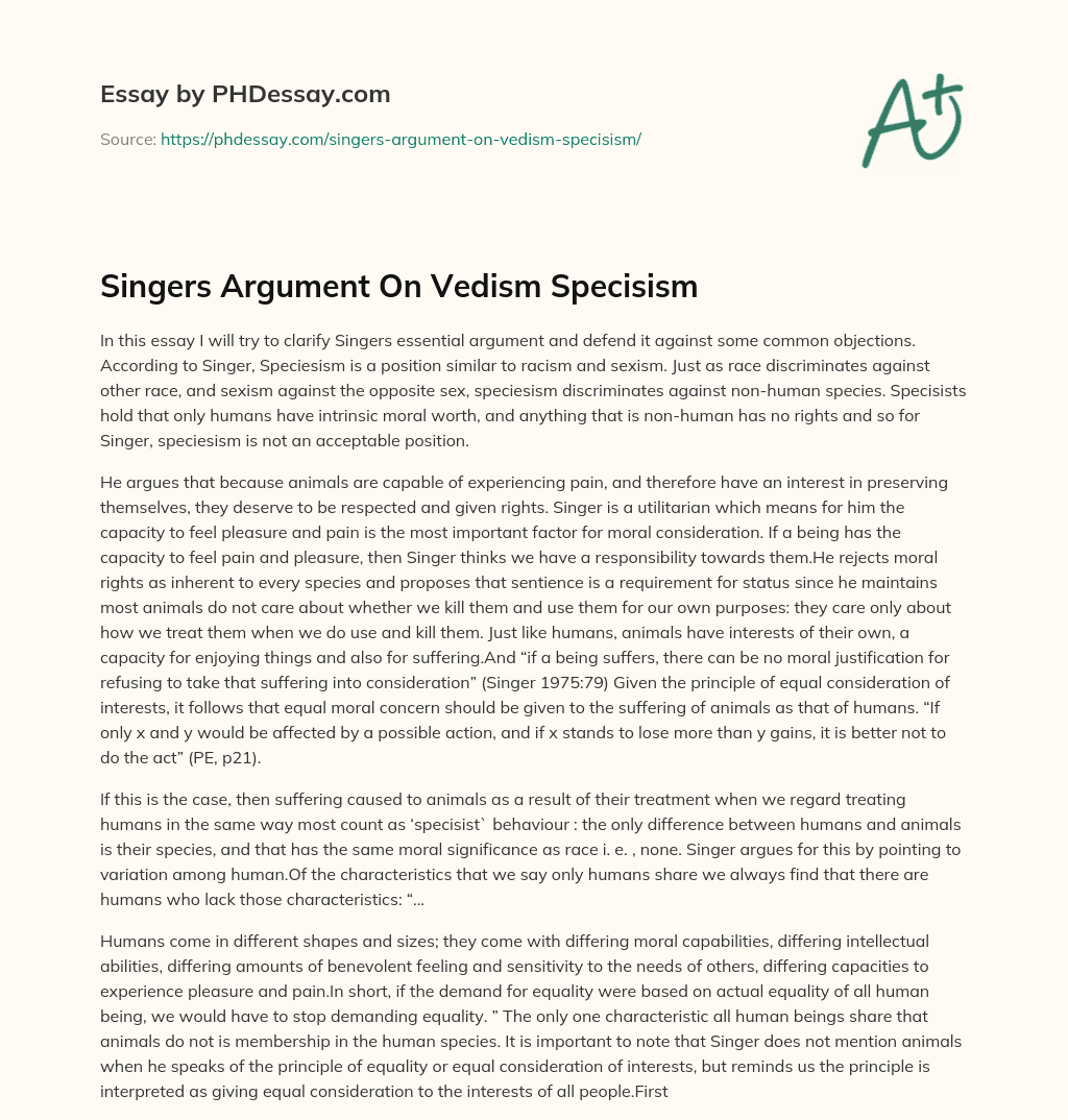 Singers Argument On Vedism Specisism essay