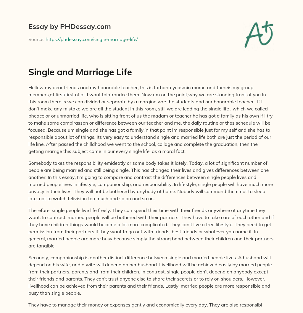 Single and Marriage Life essay
