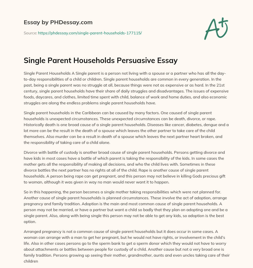 Single Parent Households Persuasive Essay essay