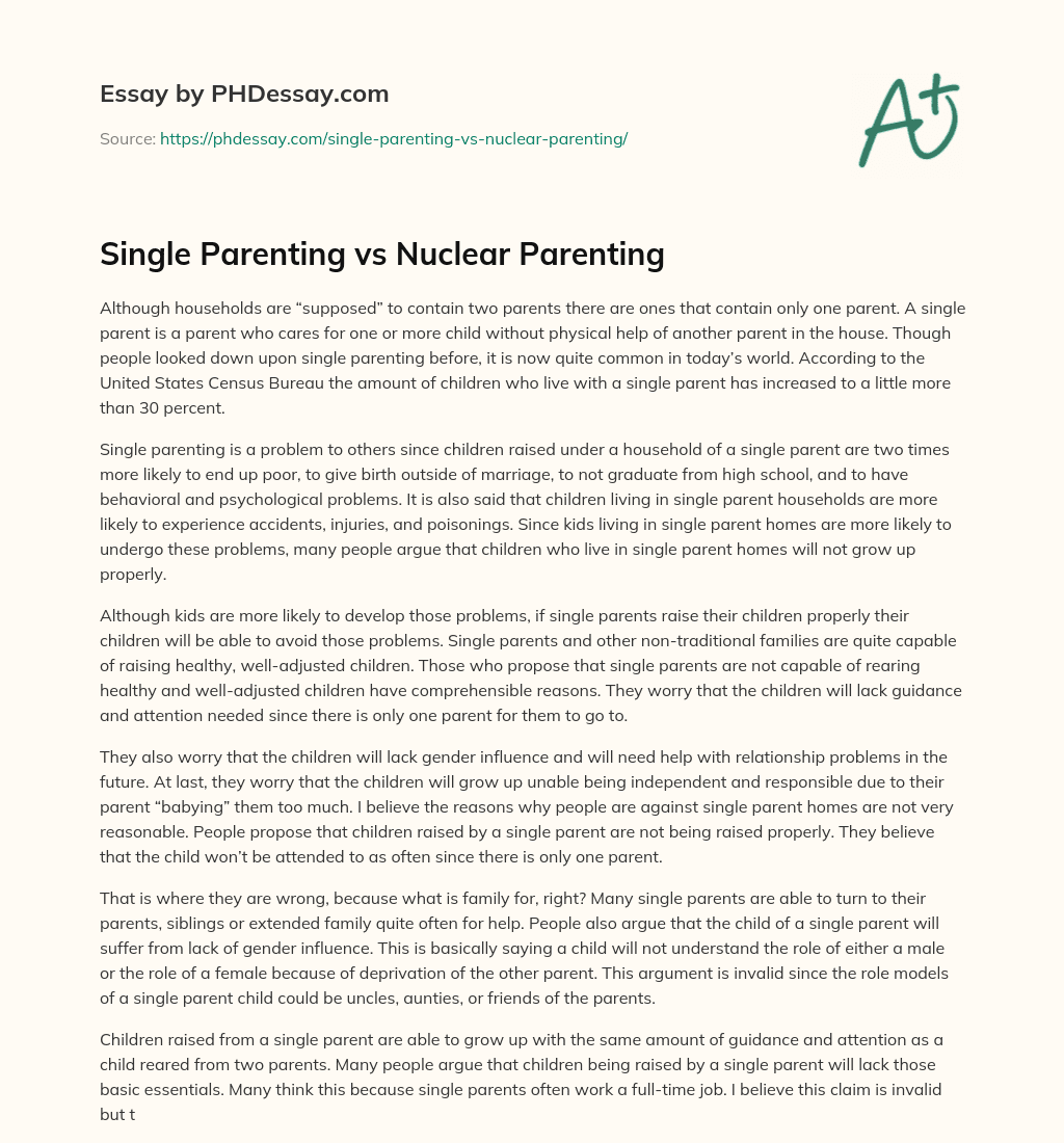 Single Parenting vs Nuclear Parenting essay