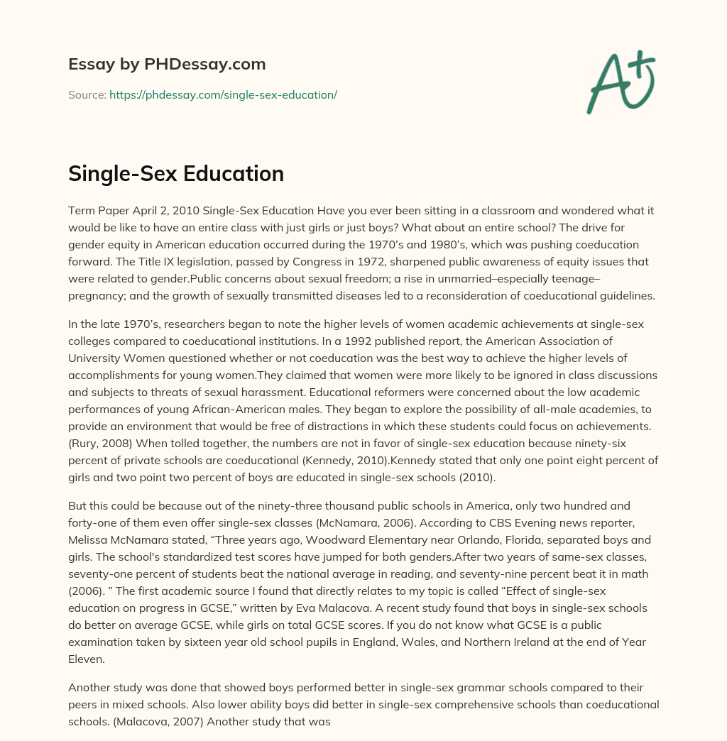 essay on single sex education