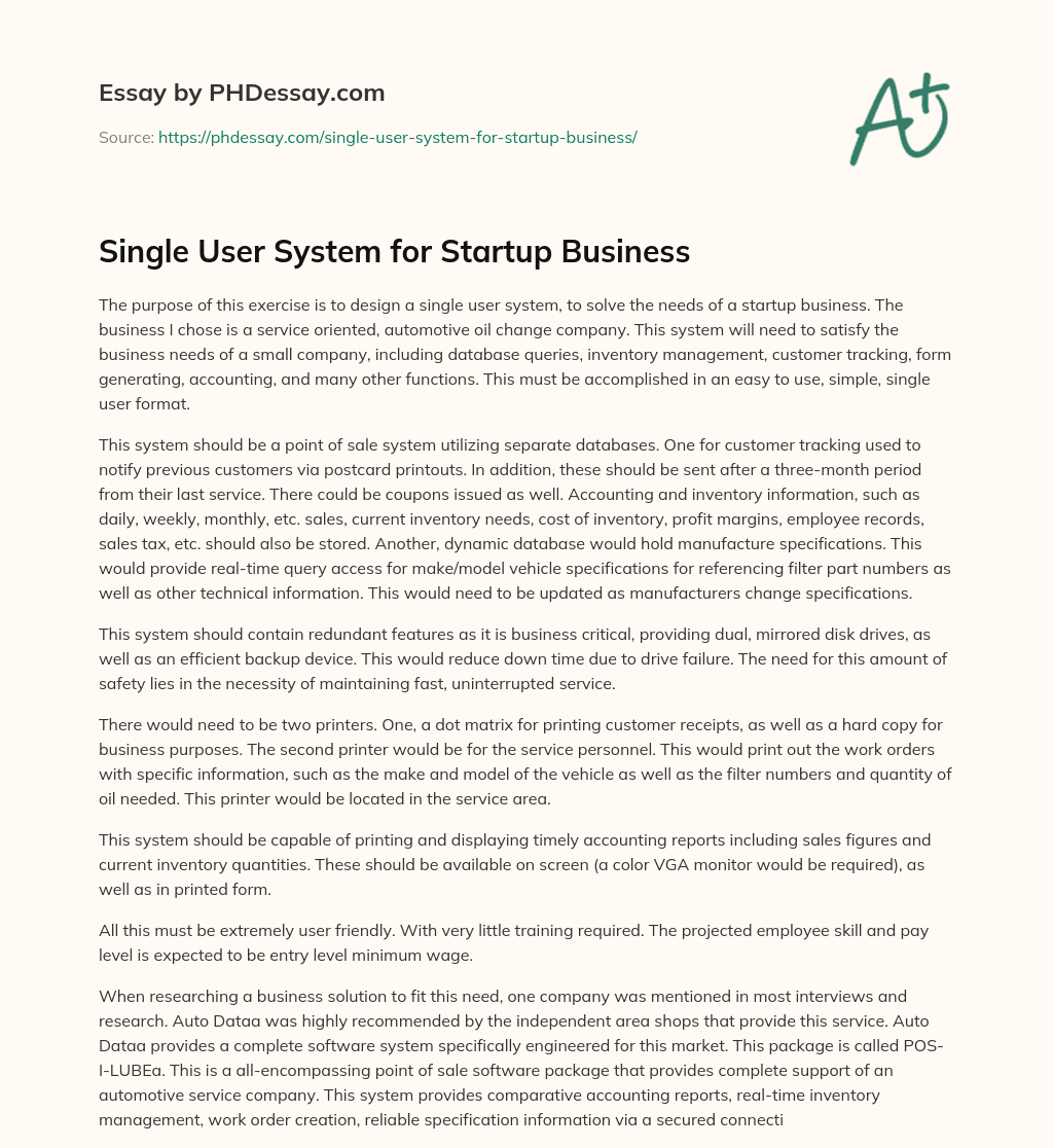 Single User System for Startup Business essay