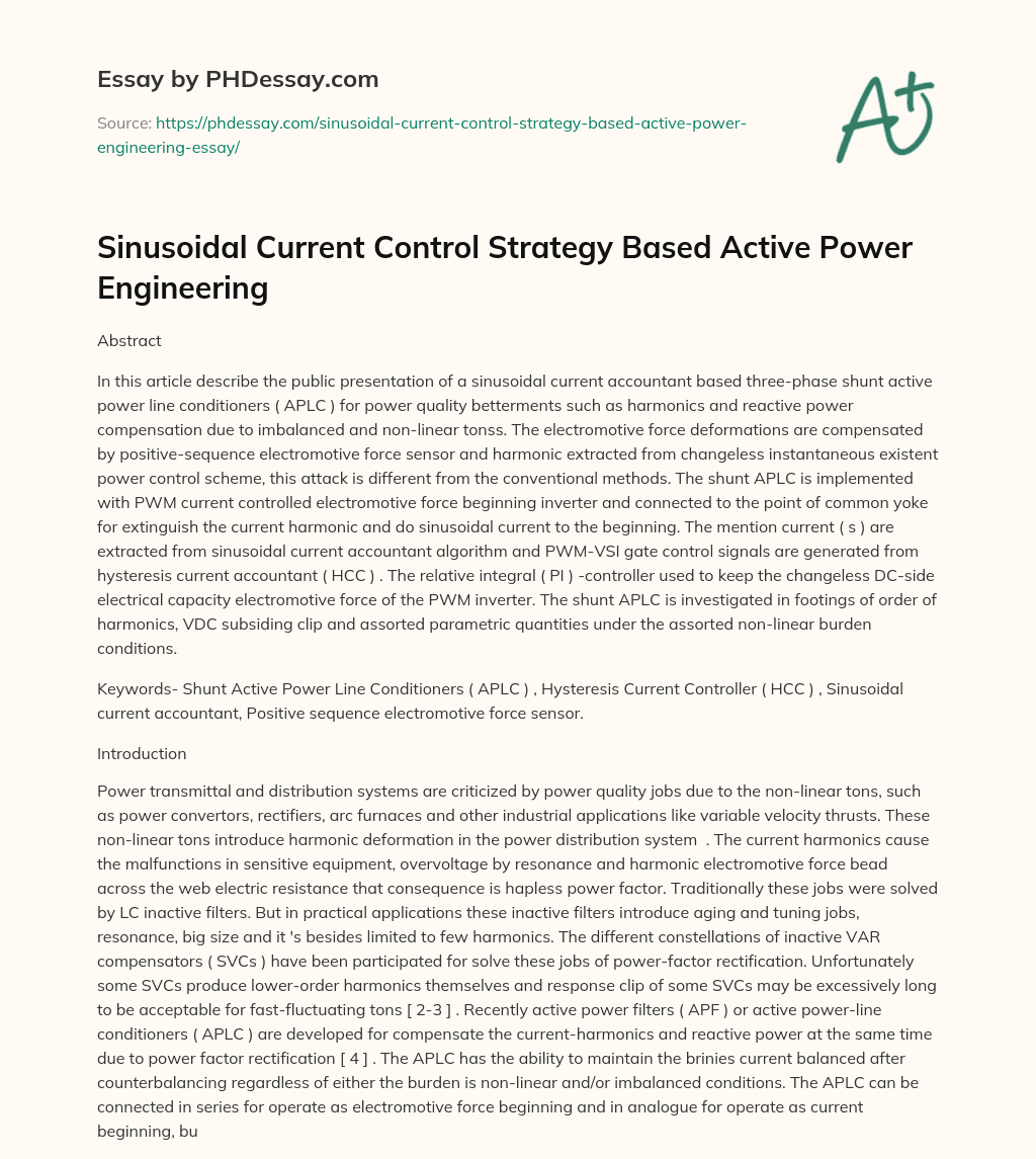 Sinusoidal Current Control Strategy Based Active Power Engineering essay