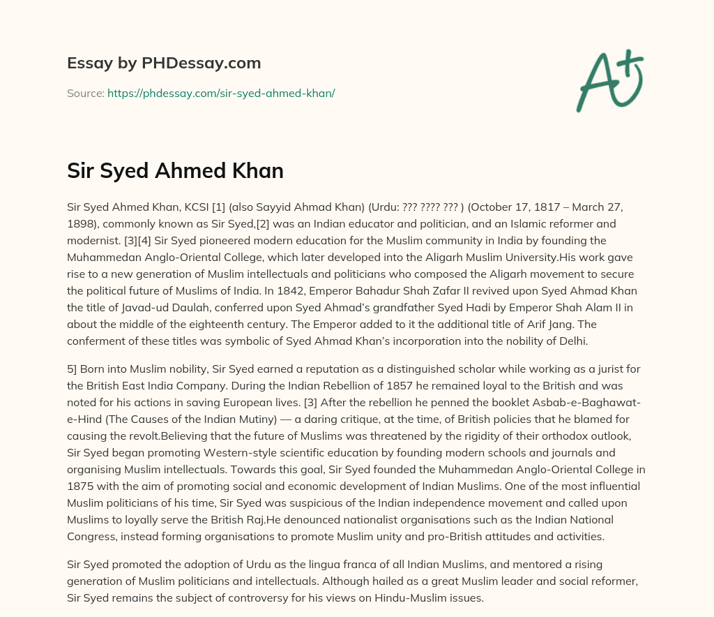Sir Syed Ahmed Khan essay