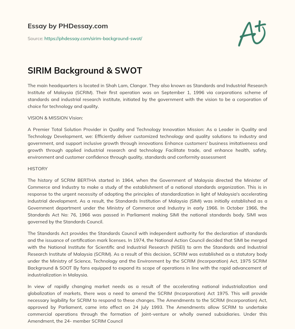SIRIM Background & SWOT essay
