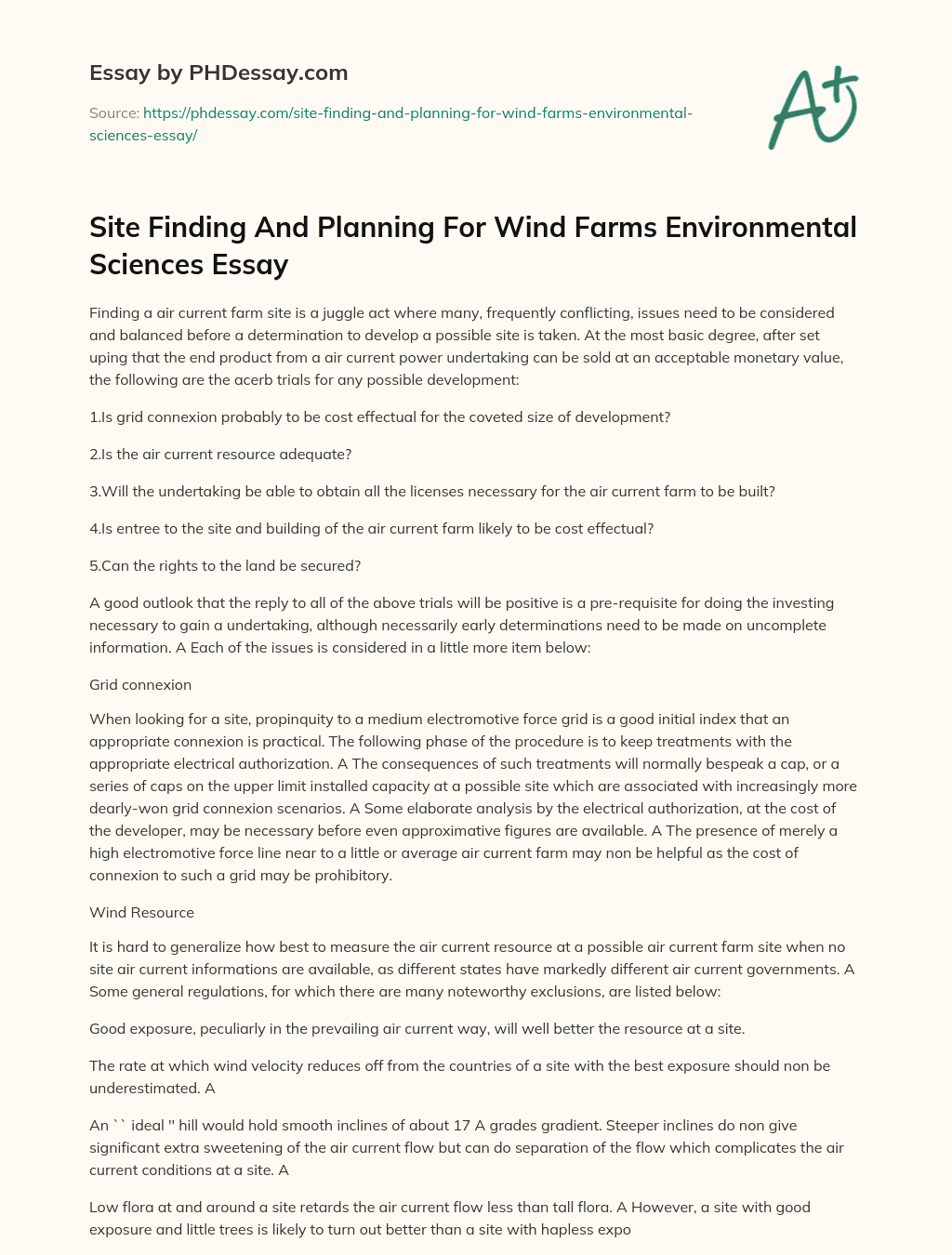 Site Finding And Planning For Wind Farms Environmental Sciences Essay essay