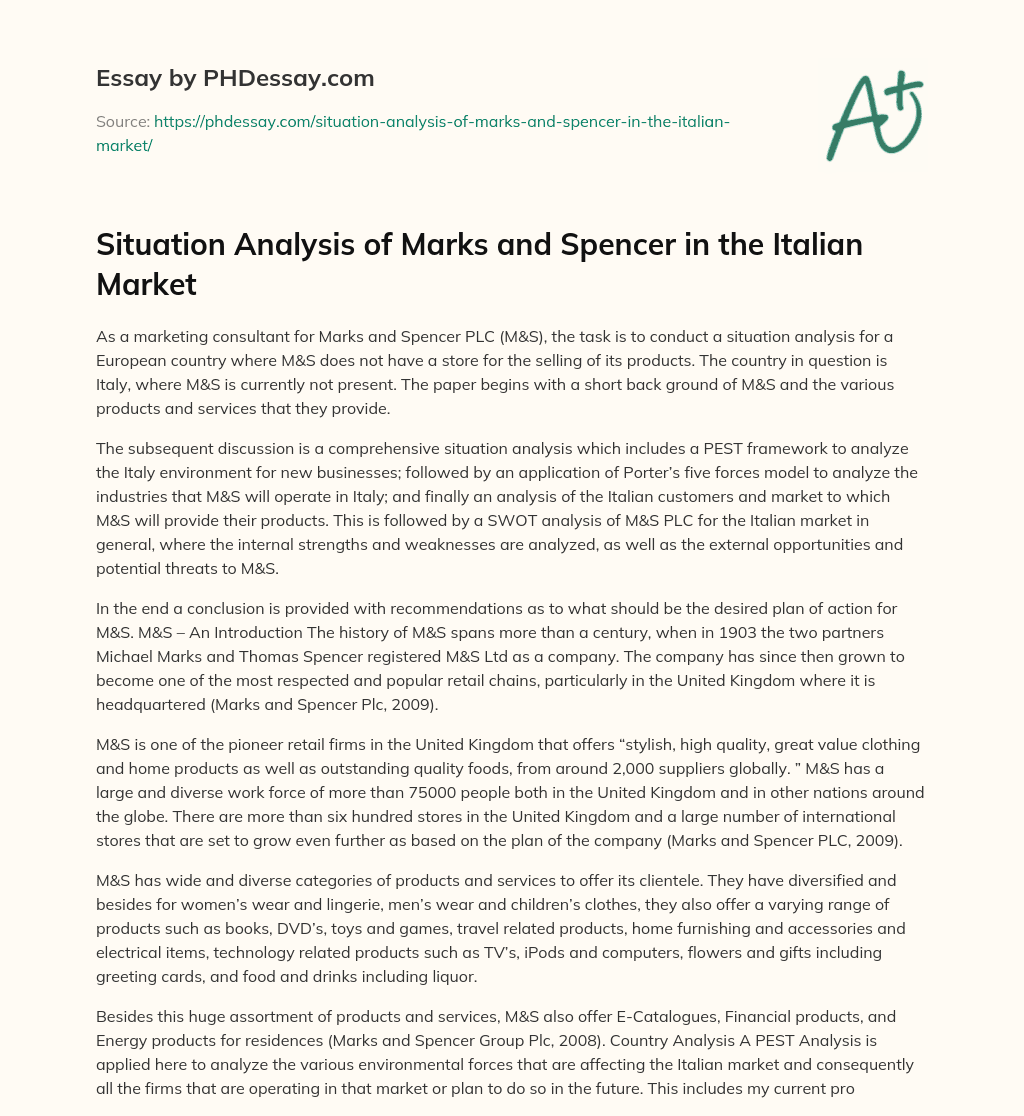 Situation Analysis of Marks and Spencer in the Italian Market essay