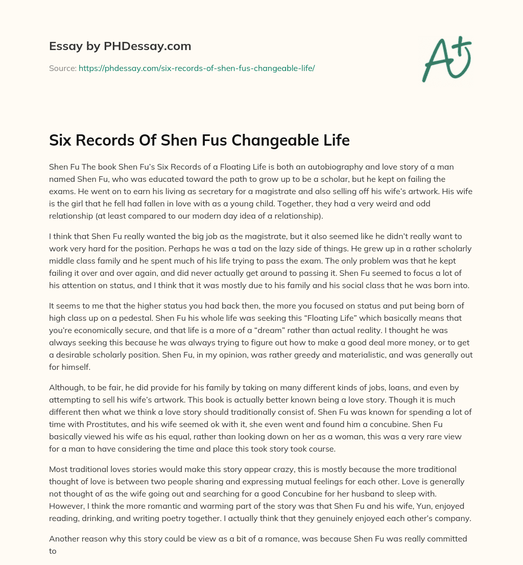 Six Records Of Shen Fus Changeable Life essay