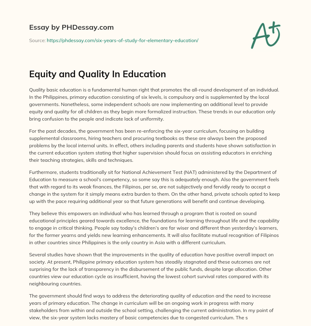 Equity and Quality In Education essay