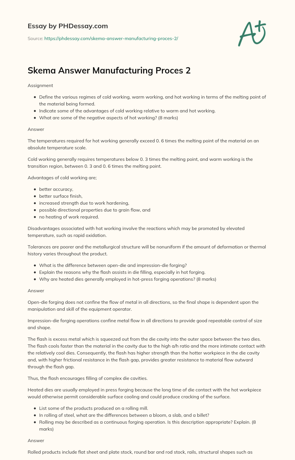 Skema Answer Manufacturing Proces 2 essay