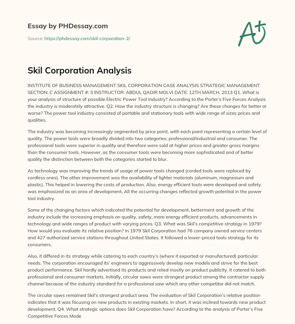 Skil Corporation Analysis essay