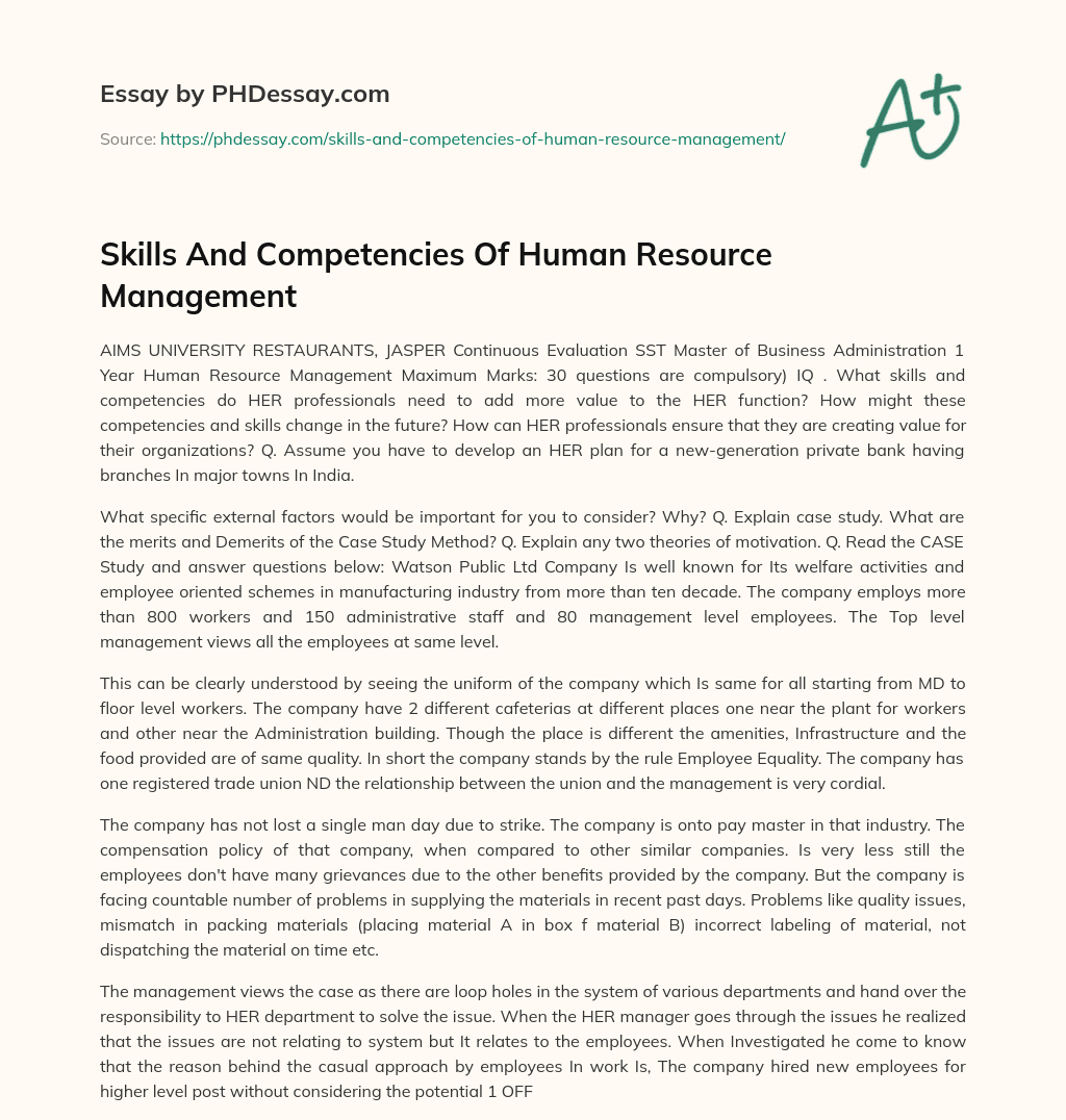 Skills And Competencies Of Human Resource Management essay