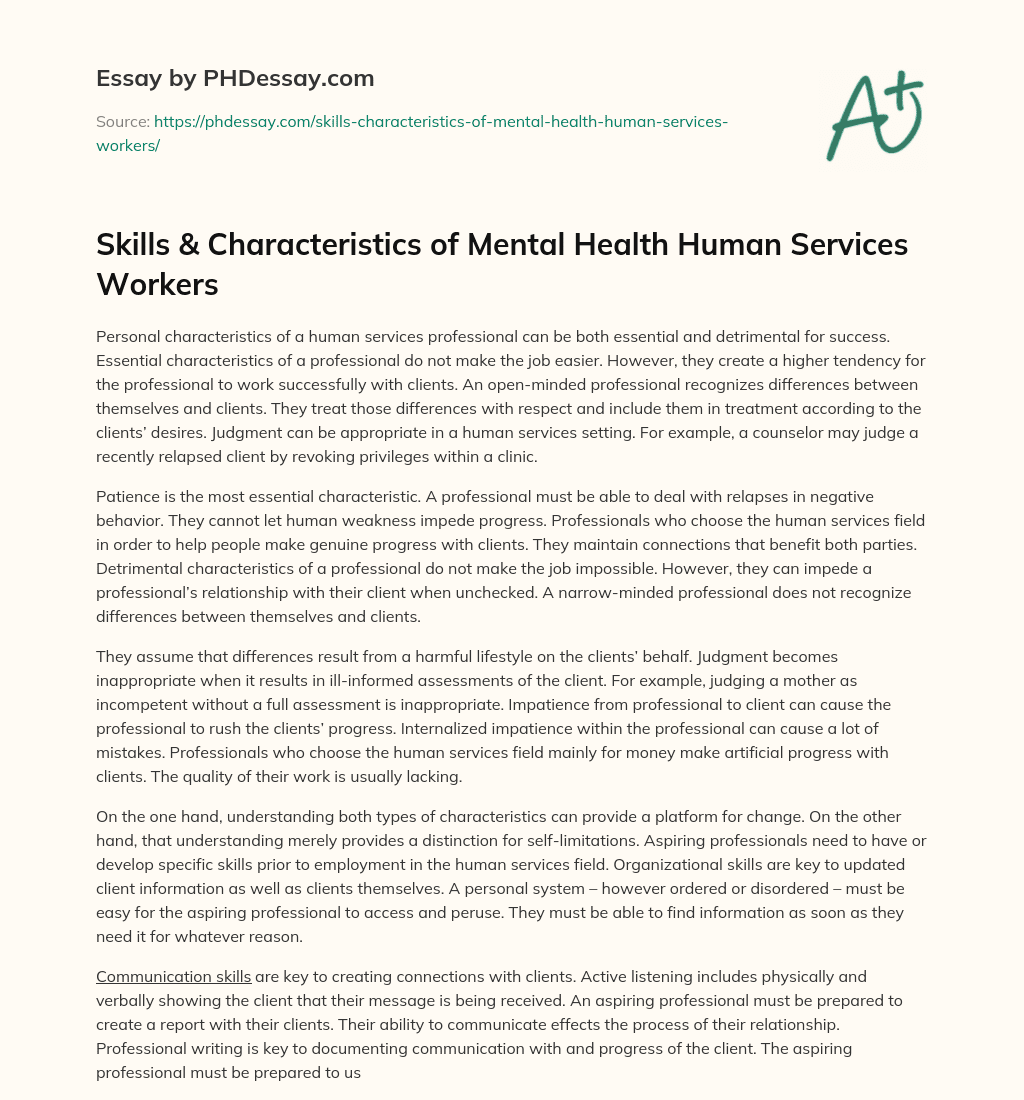 Skills & Characteristics of Mental Health Human Services Workers essay