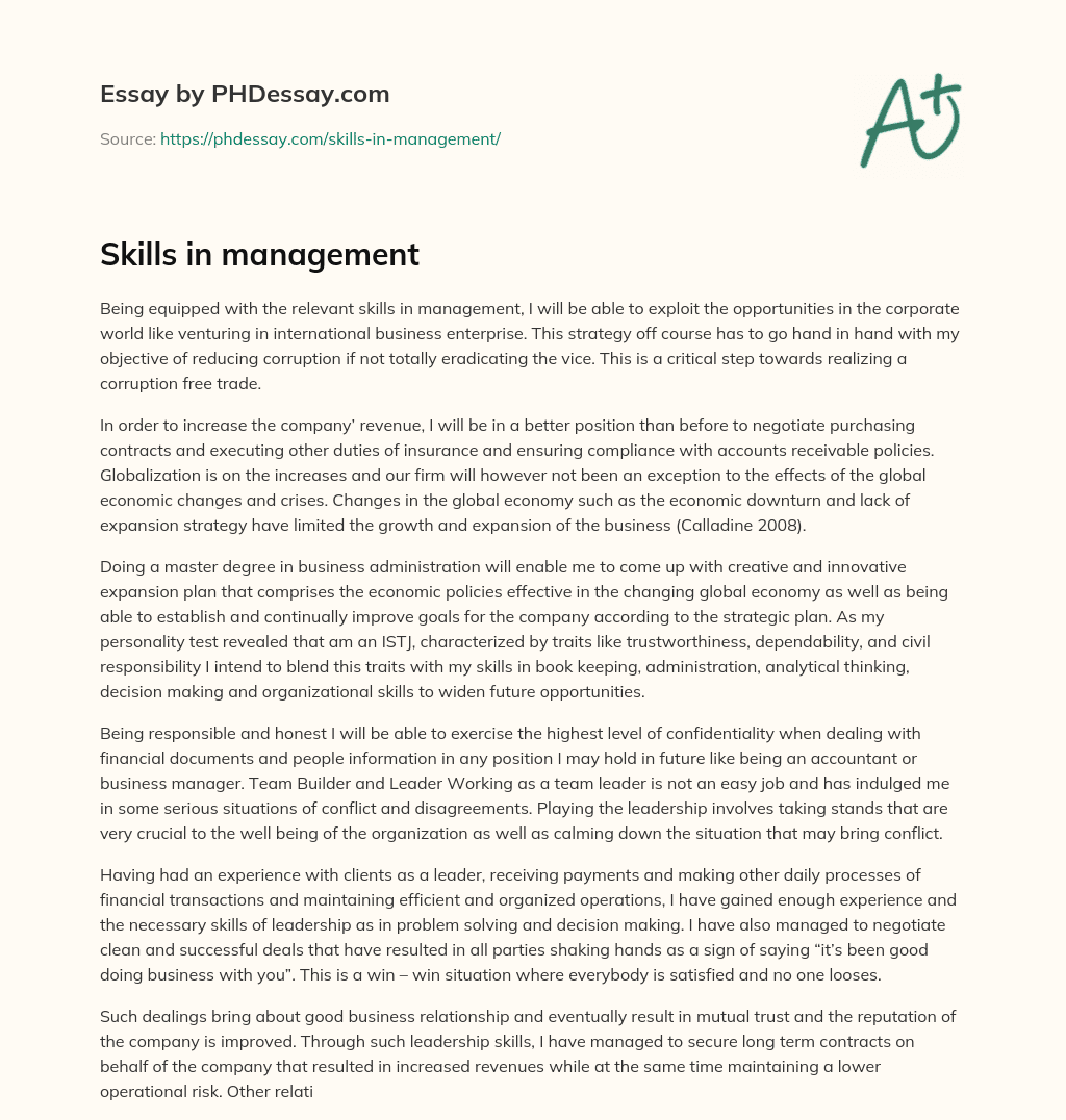 Skills in management essay