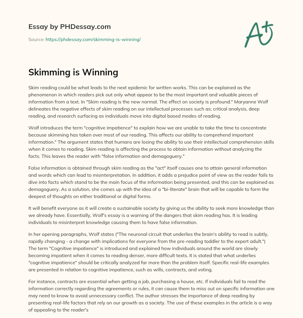 Skimming is Winning essay