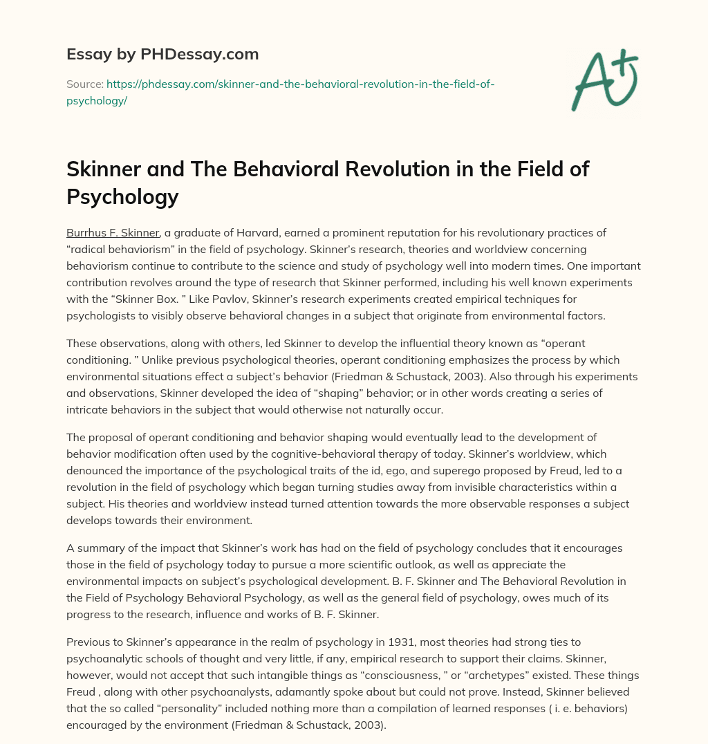 Skinner and The Behavioral Revolution in the Field of Psychology essay