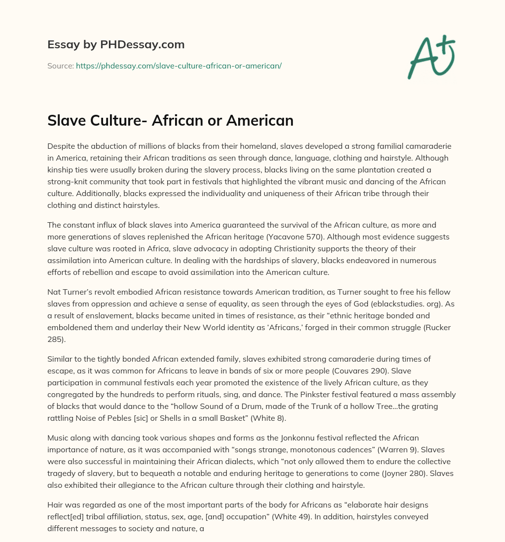 Slave Culture- African or American essay