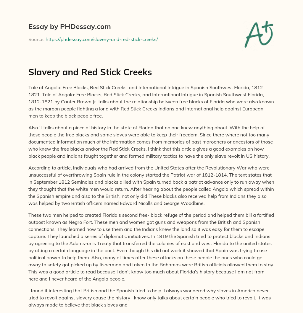 Slavery and Red Stick Creeks essay