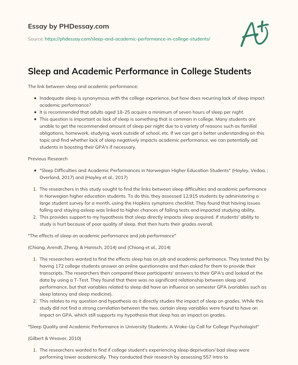 Sleep and Academic Performance in College Students essay
