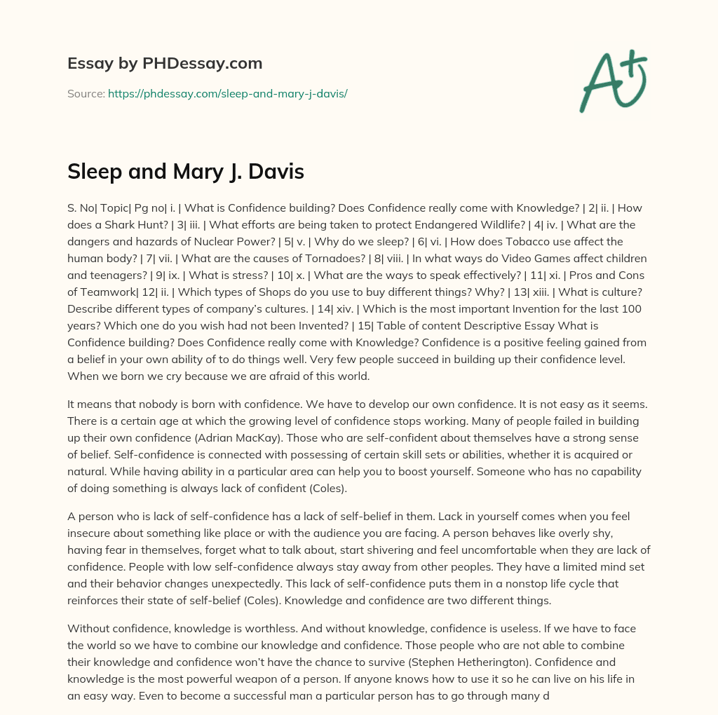 Sleep and Mary J. Davis essay
