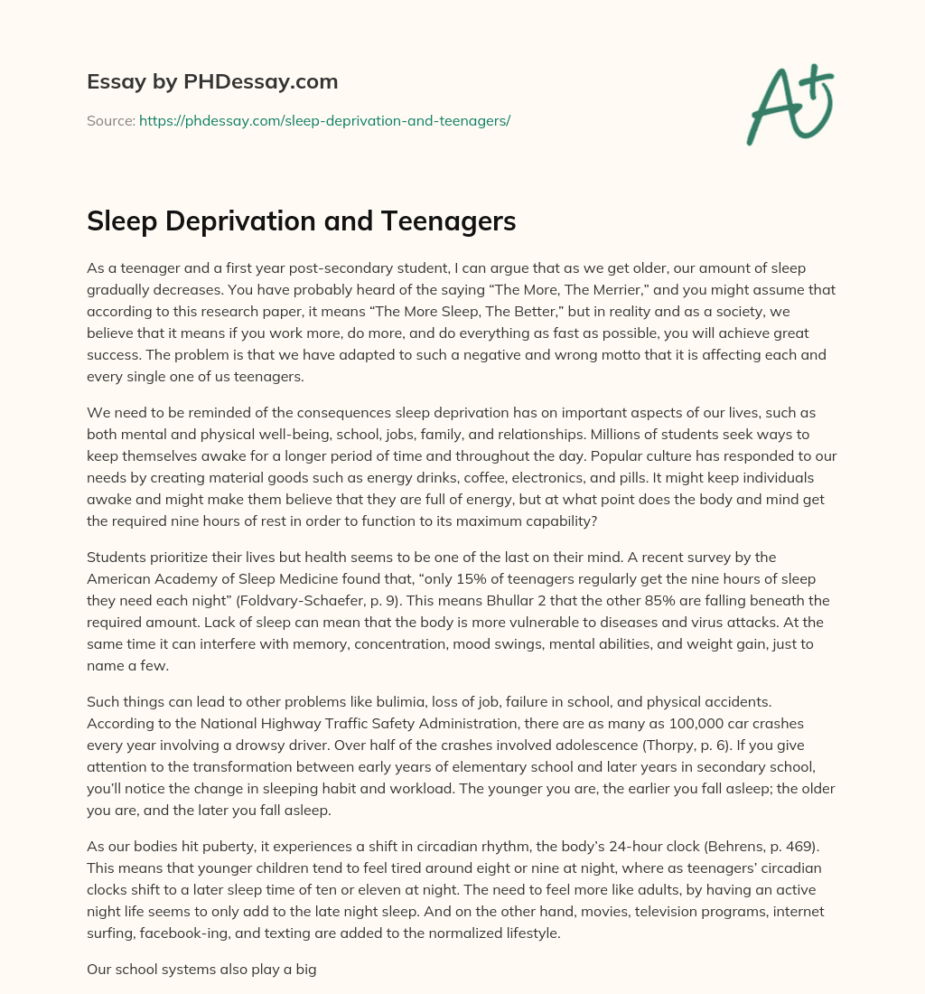 Sleep Deprivation and Teenagers essay