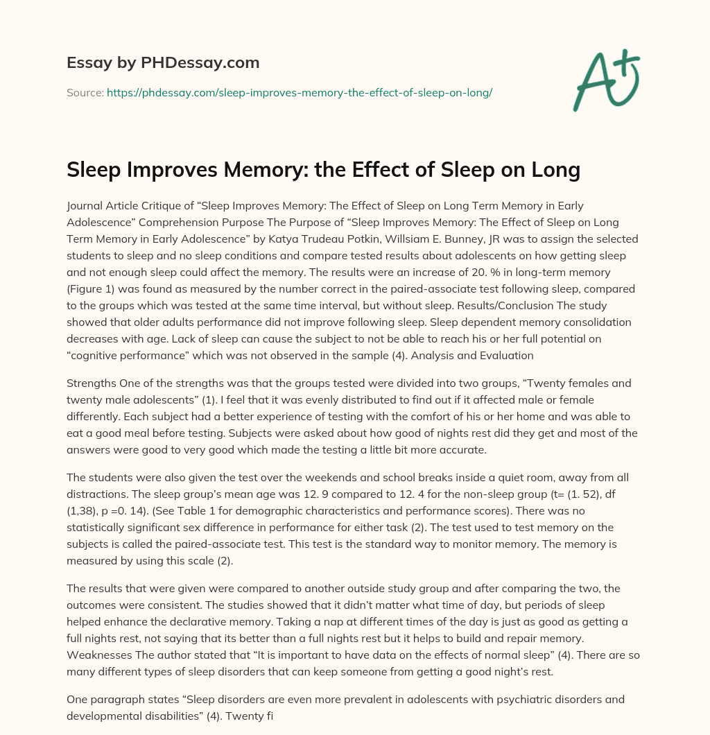 Sleep Improves Memory: the Effect of Sleep on Long essay