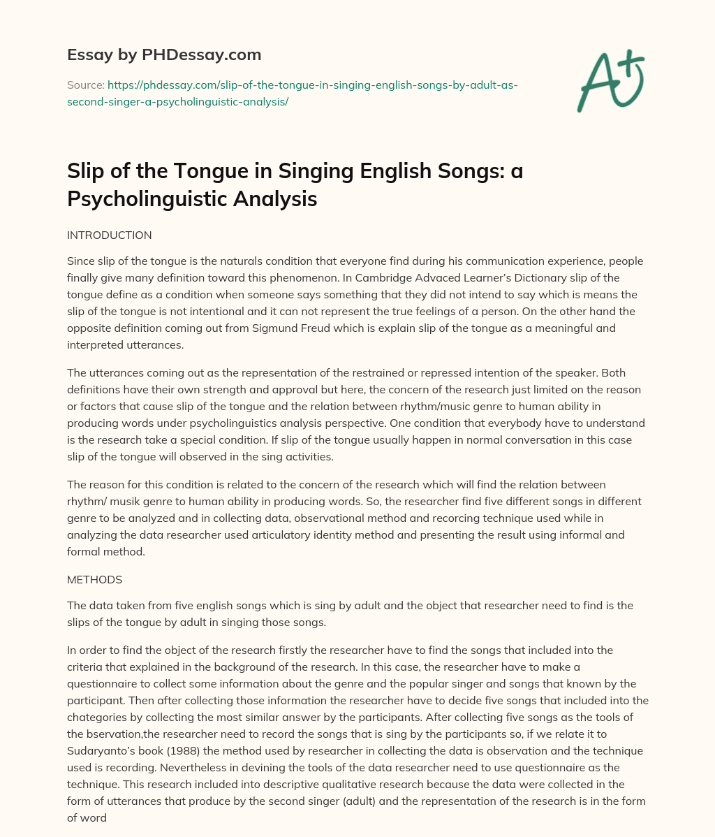 Slip of the Tongue in Singing English Songs: a Psycholinguistic Analysis essay