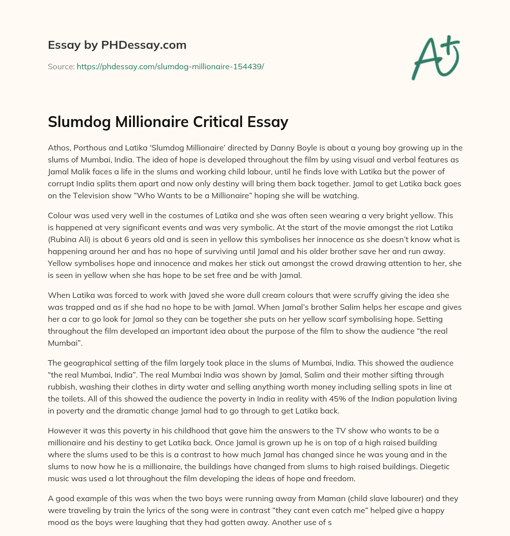 Slumdog Millionaire Critical Essay essay