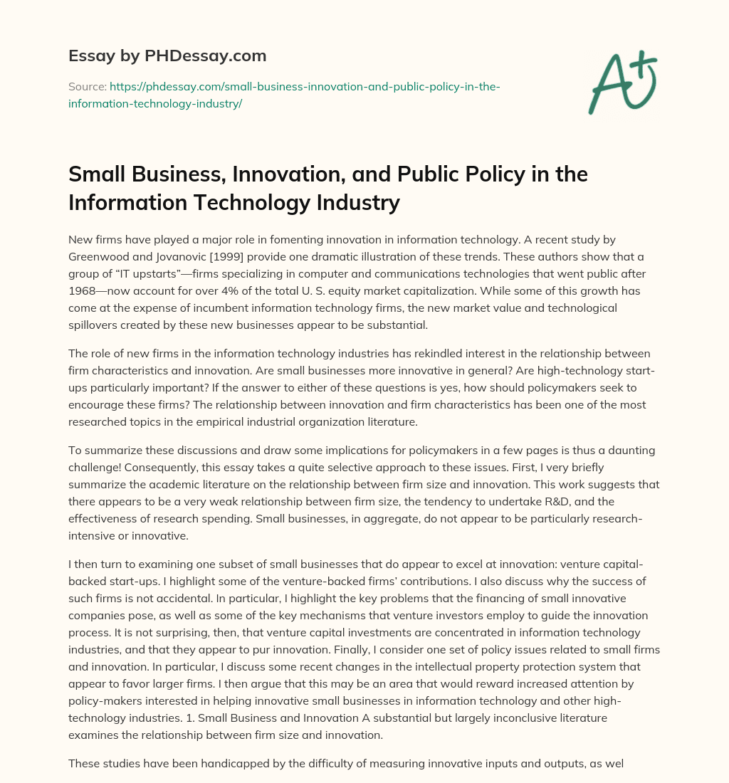 Small Business, Innovation, and Public Policy in the Information Technology Industry essay