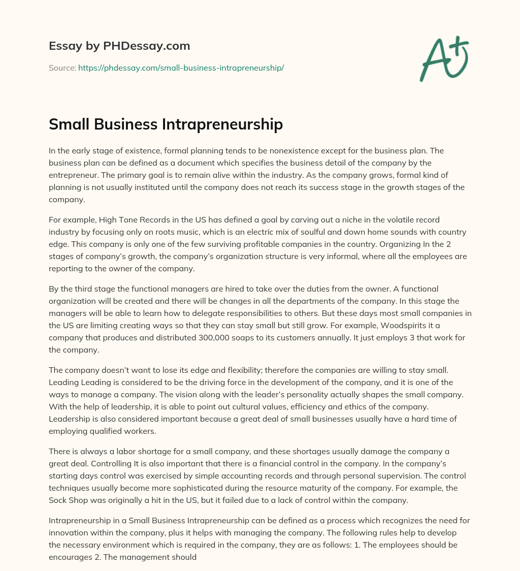 Small Business Intrapreneurship (600 Words) - PHDessay.com