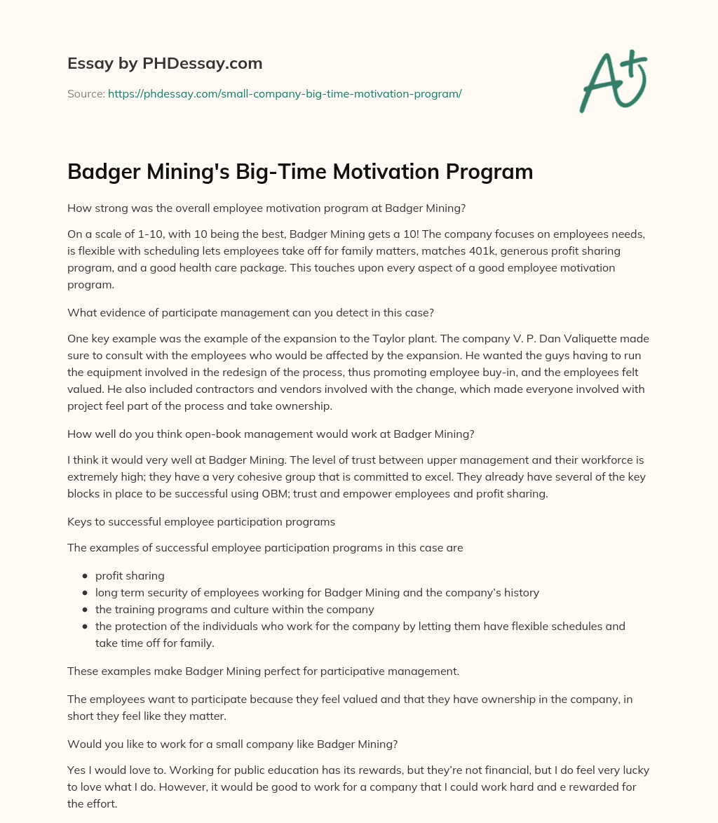Badger Mining’s Big-Time Motivation Program essay