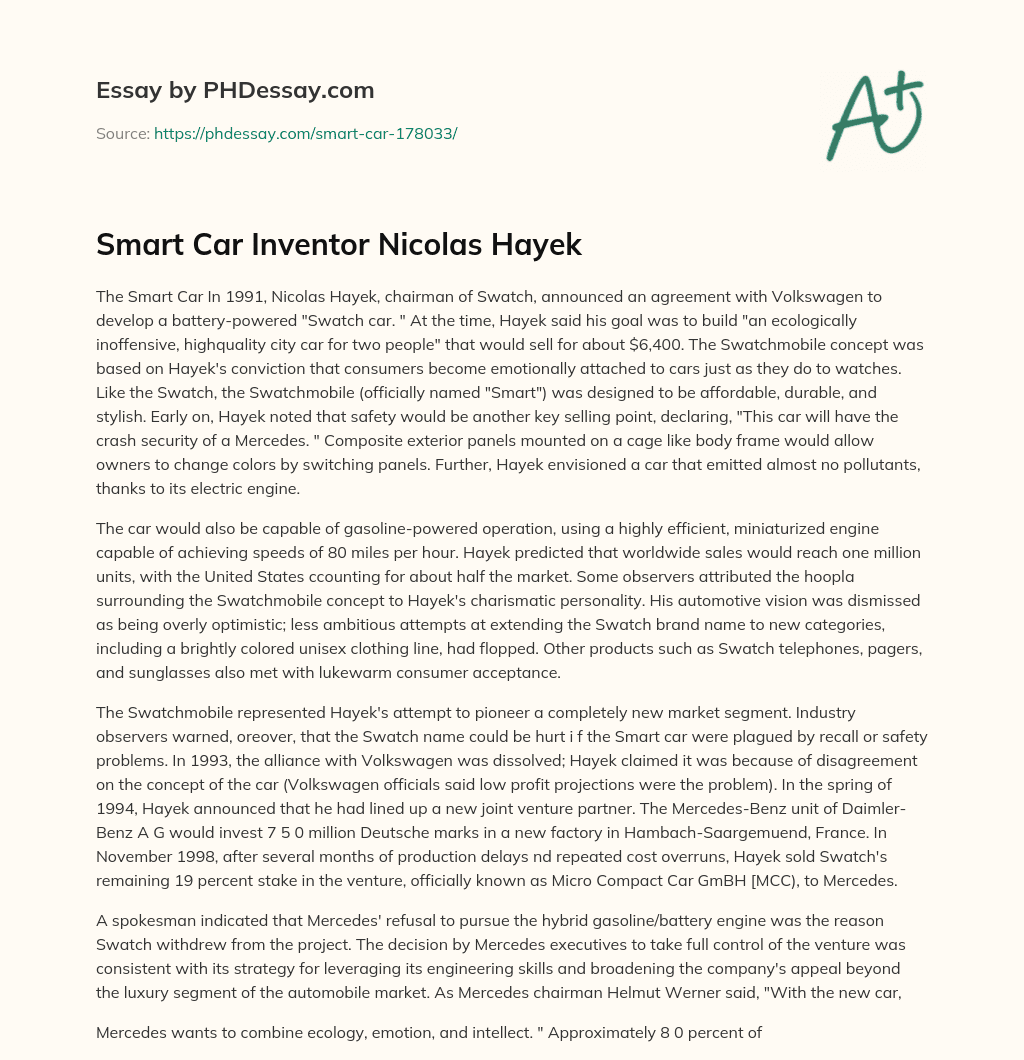 Smart Car Inventor Nicolas Hayek essay