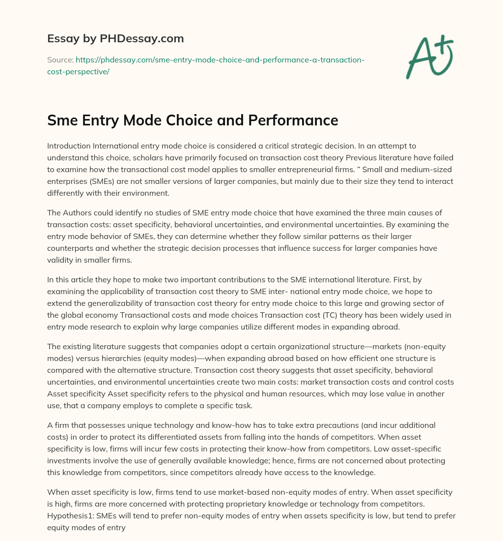 Sme Entry Mode Choice and Performance essay