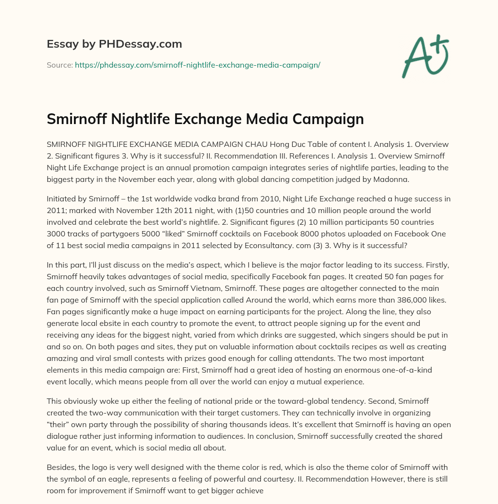 Smirnoff Nightlife Exchange Media Campaign essay