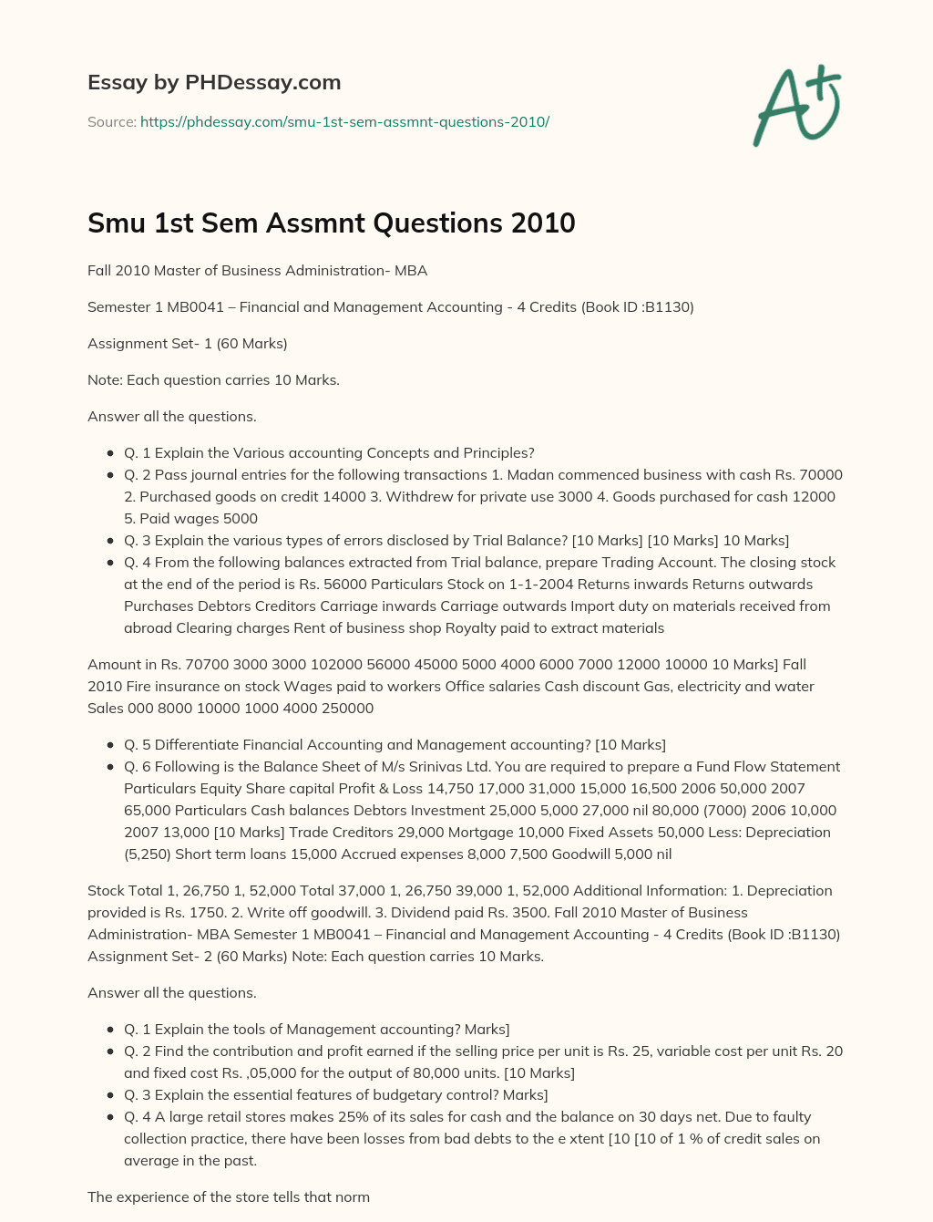 Smu 1st Sem Assmnt Questions 2010 essay