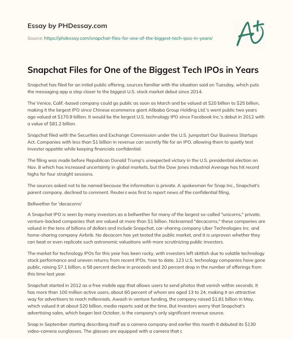 Snapchat Files for One of the Biggest Tech IPOs in Years essay