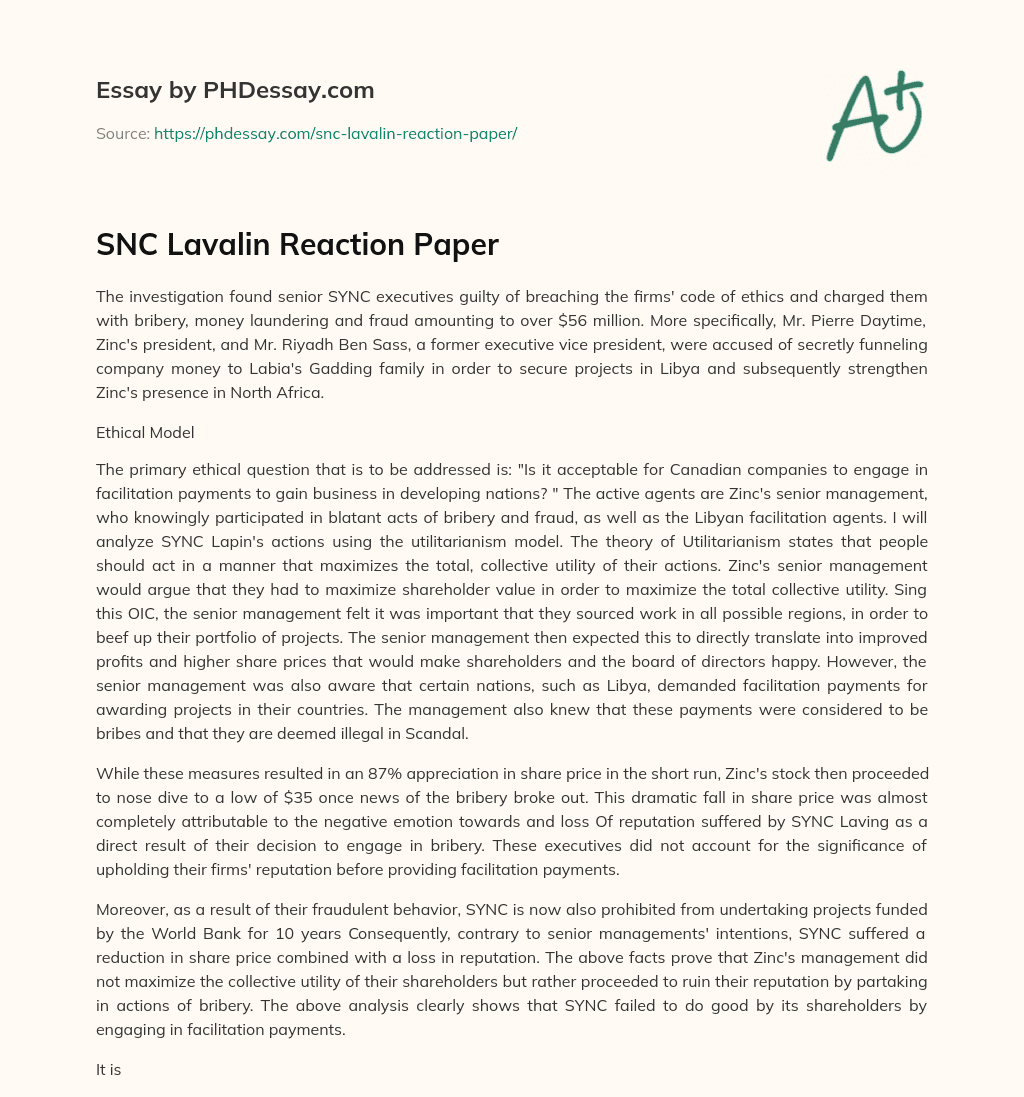 SNC Lavalin Reaction Paper essay