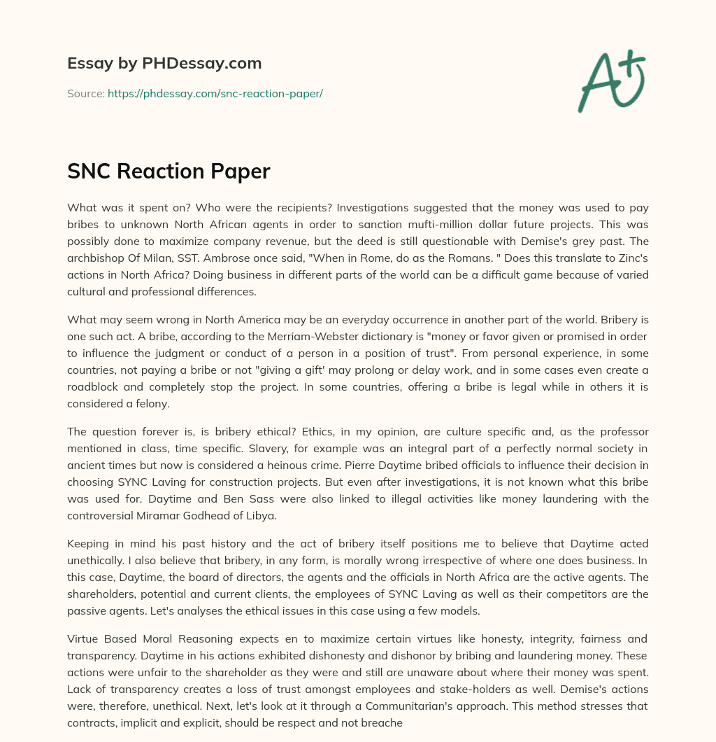 SNC Reaction Paper essay
