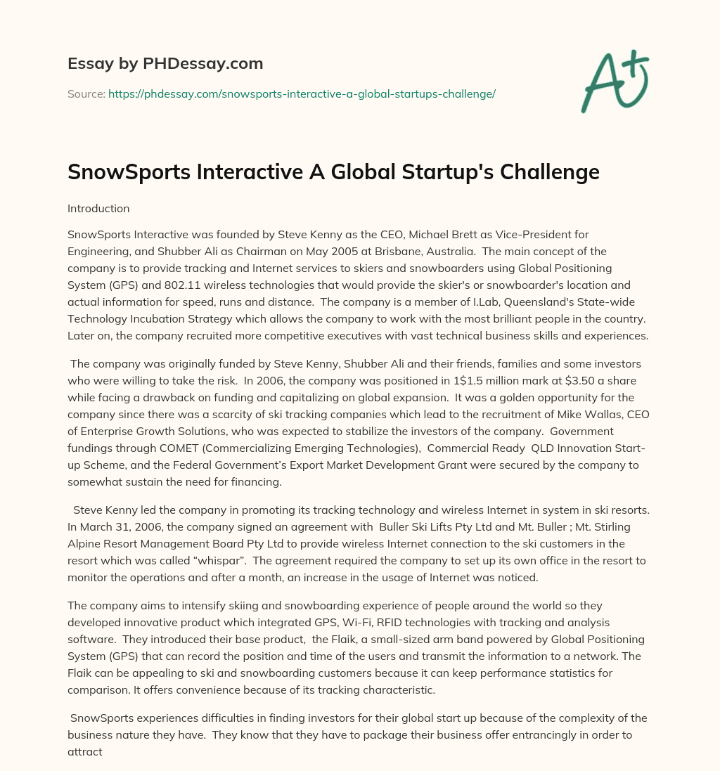 SnowSports Interactive A Global Startup’s Challenge essay