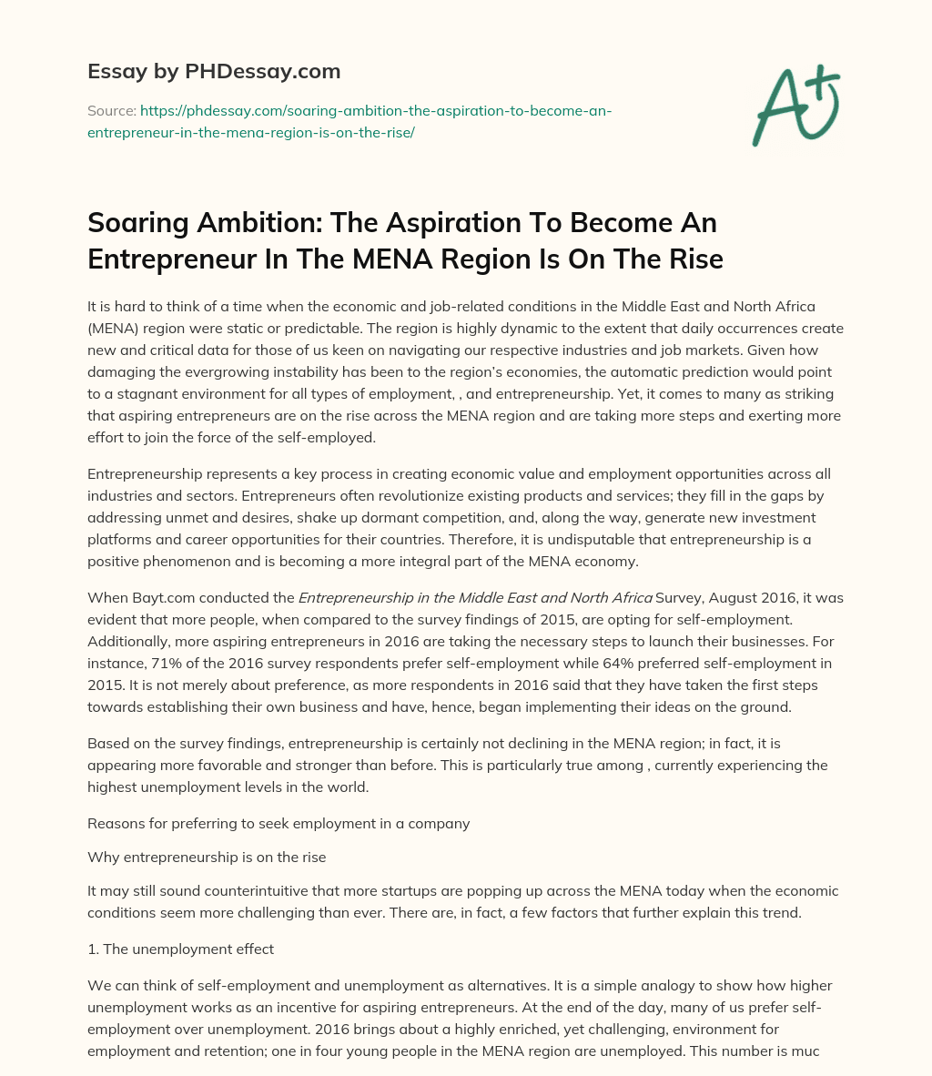 Soaring Ambition: The Aspiration To Become An Entrepreneur In The MENA Region Is On The Rise essay